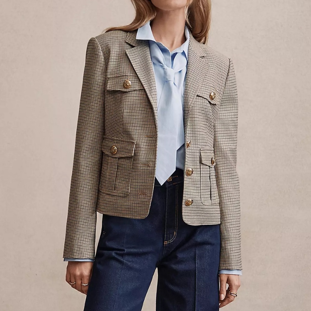 LOFT Beige Houndstooth Tweed Blazer